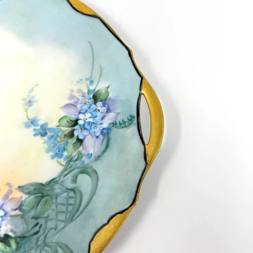 Antique Hand Painted Porcelain Cake Plate Floral Gold Handles Germany 10.5